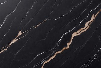 The primary subject of the image is a black marble countertop with a wood grain pattern. The setting is a kitchen, and the visual style is a close-up of the countertop. The colors and mood of the image are dark and dramatic, with the black marble and wood grain pattern creating a striking contrast against the black background.