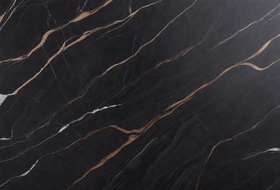 The primary subject of the image is a marble countertop with a black and brown striped pattern. The setting is a kitchen, and the visual style is a close-up of the countertop. The colors and mood of the image are predominantly black and brown, giving it a sophisticated and elegant appearance.