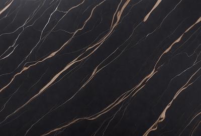 The primary subject of the image is a close-up of a marble countertop with a black background. The countertop features a pattern of white and brown streaks, giving it a unique and elegant appearance. The visual style of the image is a close-up, which emphasizes the intricate details of the marble countertop. The colors and mood of the image are predominantly black and white, creating a sophisticated and timeless atmosphere.