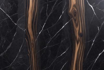 The primary subject of the image is a marble countertop with a wood grain pattern. The setting is a kitchen, and the visual style is a close-up of the countertop. The colors and mood of the image are predominantly black and white, giving it a classic and elegant appearance.