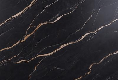 The primary subject of the image is a marble countertop with a black and gold pattern. The setting is a kitchen, and the visual style is a close-up of the countertop. The colors and mood of the image are predominantly black and gold, giving it a luxurious and elegant appearance.