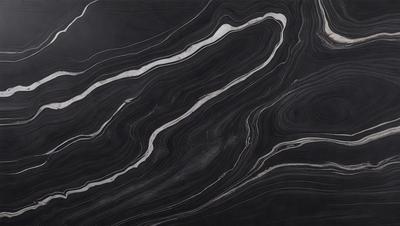 The primary subject of the image is a black and white marble countertop. The setting is a kitchen, with the countertop being the main focus of the scene. The visual style is a close-up of the marble countertop, showcasing its intricate patterns and textures. The colors and mood of the image are predominantly dark and moody, with the black and white marble adding a sense of elegance and sophistication to the space.