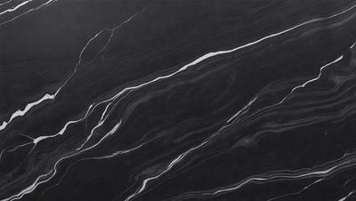 The primary subject of the image is a black marble countertop with a pattern of white streaks. The setting is a kitchen, and the visual style is a close-up of the marble countertop. The colors and mood of the image are predominantly black and white, giving it a sleek and modern appearance.