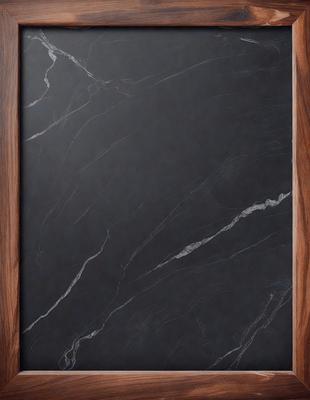 The primary subject of the image is a black marble chalkboard. The setting is a wooden frame, which adds a natural and rustic touch to the presentation. The visual style is a close-up of the chalkboard, showcasing its texture and details. The colors and mood of the image are predominantly dark, with the black marble and wooden frame creating a sophisticated and elegant atmosphere.