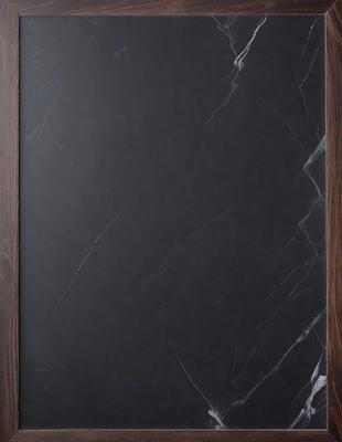 The primary subject of the image is a black marble tablet with a wooden frame. The tablet is placed on a wooden table, and the setting appears to be a room with a wooden floor. The visual style of the image is a photo, and the dominant colors are black and brown. The overall atmosphere of the image is elegant and sophisticated.