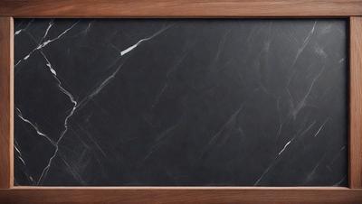 The primary subject of the image is a black chalkboard with a wooden frame. The setting is a room with a wooden table, and the visual style is a photo. The chalkboard has a marble texture, and the overall atmosphere is dark and moody.