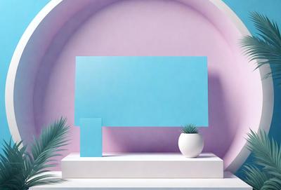 The primary subject of the image is a large blue screen, which is placed on a white table. The setting is a pink background, creating a contrasting and visually appealing environment. The visual style of the image is a photo, capturing the details of the blue screen and the pink background. The colors and mood of the image are predominantly pink and blue, giving it a vibrant and lively atmosphere.