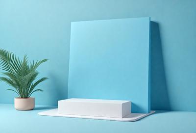 The primary subject of the image is a blue poster or sign, which is placed on a white table. The setting is a blue wall, and the visual style appears to be a photo. The colors and mood of the image are predominantly blue, creating a calm and serene atmosphere.