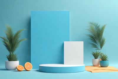 The primary subject of the image is a white square placed on a blue surface. The setting is a table with a blue background, and the visual style appears to be a photo. The colors and mood of the image are predominantly blue and white, creating a clean and minimalist atmosphere.