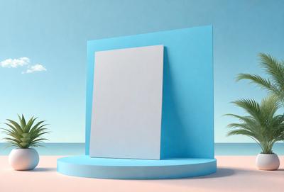 The primary subject of the image is a large, white, square-shaped object, which appears to be a framed mirror. The setting is a beach, with a blue sky and palm trees in the background. The visual style of the image is a digital art, creating a vibrant and colorful scene. The dominant colors are blue and white, giving the image a calm and serene atmosphere.
