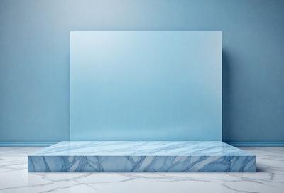The primary subject of the image is a blue wall with a white board attached to it. The setting is a room with a blue wall and a white board. The visual style is a photo, and the colors and mood are predominantly blue and calm.