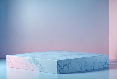 The primary subject of the image is a marble tabletop. The table is placed on a white surface, which serves as the background. The visual style of the image is a photo, showcasing the marble tabletop's texture and pattern. The colors in the image are predominantly white and blue, creating a clean and elegant atmosphere.