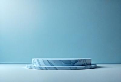 The primary subject of the image is a marble tabletop, which is placed on a white surface. The tabletop is round and has a blue background, giving it a unique and elegant appearance. The setting appears to be a modern and minimalist space, with the tabletop being the main focus of the scene. The visual style of the image is a combination of photo and digital art, creating a realistic yet artistic representation of the marble tabletop. The colors and mood of the image are predominantly blue and white,