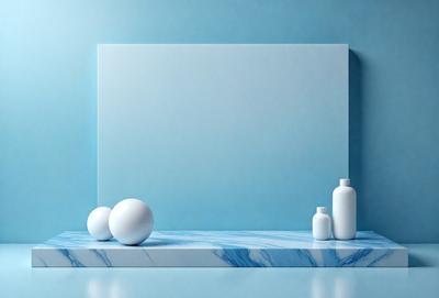 The primary subject of the image is a blue countertop with a white frame. The setting is a bathroom, and the visual style is a photo. The dominant colors are blue and white, creating a calm and soothing atmosphere.