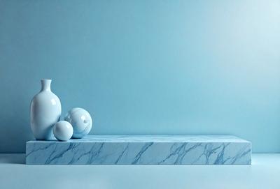 The primary subject of the image is a blue wall with a white vase and two white balls placed on it. The setting is a room with a blue wall, and the visual style appears to be a photo. The colors and mood of the image are predominantly blue, creating a calm and serene atmosphere.