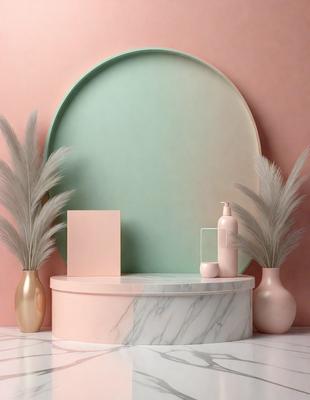 The primary subject of the image is a bathroom counter with a marble top. The setting is a bathroom with a pink wall and a green mirror. The visual style is a photo, and the colors and mood are predominantly pink and green, creating a warm and inviting atmosphere.