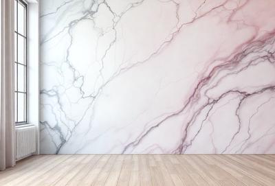 The primary subject of the image is a marble wall with a purple tint. The setting is a room with a wooden floor. The visual style is a photo of a marble wall with a purple tint. The colors and mood of the image are predominantly purple and white, creating a calm and elegant atmosphere.