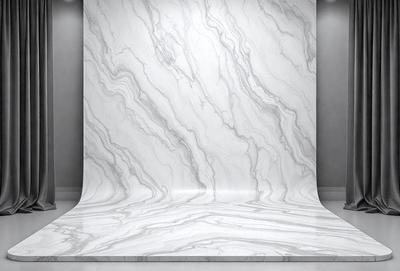 The primary subject of the image is a large, marble-like wall with a patterned texture. The setting is a room with a gray background, and the visual style appears to be a combination of a photo and a digital art or illustration. The colors and mood of the image are predominantly gray and white, giving it a clean and modern appearance.