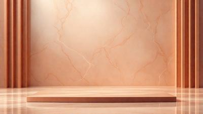 The primary subject of the image is a marble wall with a brown tint. The setting is a room with a wooden floor. The visual style is a photo, and the colors and mood are warm and natural.