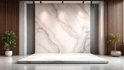 The primary subject of the image is a marble wall with a patterned texture. The setting is a room with a marble floor, and the visual style is a photo. The colors and mood of the image are predominantly white, giving it a clean and elegant appearance.