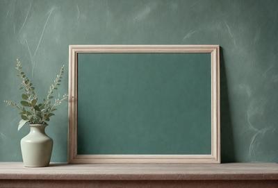 The primary subject of the image is a green chalkboard or dry erase board, which is placed on a wooden frame. The setting is a table or a shelf, with a vase of flowers nearby. The visual style is a photo, and the colors and mood are predominantly green, creating a calm and natural atmosphere.