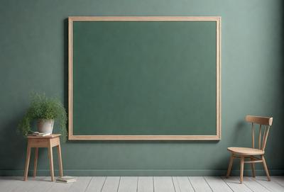 The primary subject of the image is a large green chalkboard mounted on a wall. The setting is a room with a green wall, and the visual style is a photo. The dominant colors are green and white, creating a calm and focused atmosphere.