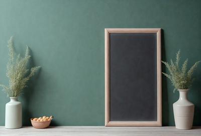 The primary subject of the image is a wooden frame with a chalkboard inside, placed on a table. The setting is a green wall, which serves as the background. The visual style is a photo, capturing the chalkboard and its surroundings. The colors and mood of the image are predominantly green, with the chalkboard and the wooden frame being the main focus.