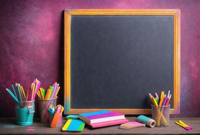 The primary subject of the image is a chalkboard with a blackboard eraser on it, placed on a wooden desk. The setting is a classroom or a workspace, with a variety of colored pencils and books surrounding the chalkboard. The visual style is a realistic representation of the scene, and the colors and mood are predominantly black and white, with the colored pencils adding a touch of vibrancy to the scene.