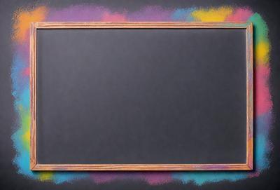 The primary subject of the image is a chalkboard with a black background. The setting is a classroom, and the visual style is a combination of a photo and digital art. The chalkboard is filled with colorful chalk, creating a vibrant and lively atmosphere.