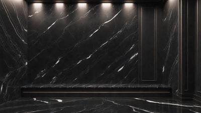 The primary subject of the image is a marble wall with a black and white pattern. The setting is a room with a black countertop. The visual style is a photo, and the colors and mood are predominantly black and white, giving the image a classic and elegant appearance.