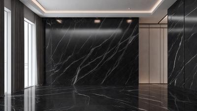 The primary subject of the image is a black marble wall. The setting is a room with a black marble floor. The visual style is a photo of the marble wall. The colors and mood are dark and moody, with the black marble creating a dramatic and sophisticated atmosphere.