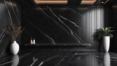 The primary subject of the image is a marble countertop with a black marble wall behind it. The setting is a bathroom, and the visual style is a photo. The countertop is black and white, and the overall atmosphere is elegant and sophisticated.