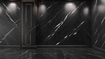 The primary subject of the image is a black marble wall with a patterned design. The setting is a room with a black door and a black marble floor. The visual style is a close-up of the marble wall, showcasing its intricate pattern. The colors and mood of the image are dark and dramatic, with the black marble wall and door creating a striking contrast against the black floor.
