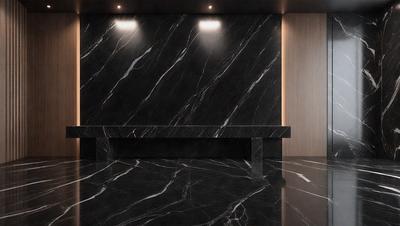 The primary subject of the image is a black marble countertop. The setting is a room with a black marble wall and a wooden door. The visual style is a photo, and the colors and mood are dark and moody.