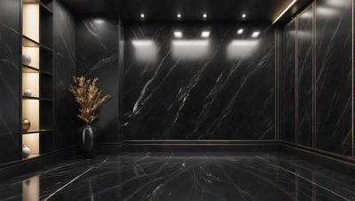 The primary subject of the image is a black marble wall with a black marble floor. The setting is a hallway, and the visual style is a photo. The colors and mood of the image are dark and moody, with the black marble creating a dramatic and sophisticated atmosphere.