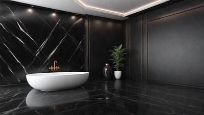 The primary subject of the image is a white bathtub, which is the main object in the scene. The setting is a bathroom with a black marble floor, and the visual style is a photo. The dominant colors in the image are black and white, creating a modern and elegant atmosphere.
