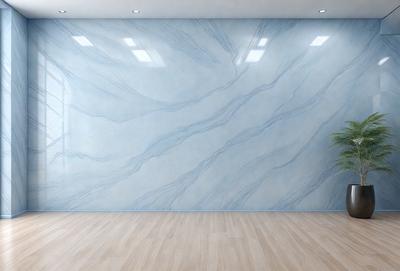 The primary subject of the image is a large, blue marble wall. The setting is a room with a white floor, and the visual style is a photo. The dominant colors are blue and white, creating a calm and serene atmosphere.