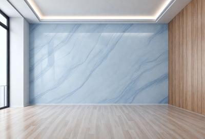 The primary subject of the image is a marble wall with a blue tint. The setting is a room with a wooden door. The visual style is a photo, and the colors and mood are predominantly blue and neutral.
