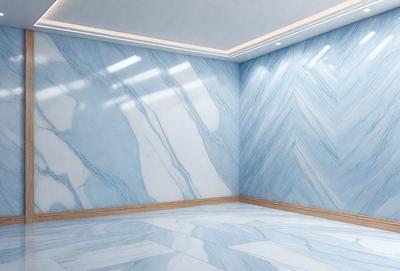 The primary subject of the image is a blue marble wall with a patterned design. The setting is a room with a blue marble floor, and the visual style appears to be a photo. The colors and mood of the image are predominantly blue, creating a calm and serene atmosphere.