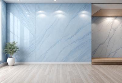 The primary subject of the image is a large, blue marble wall. The setting is a room with a wooden floor, and the visual style is a photo. The dominant colors are blue and white, creating a calm and serene atmosphere.