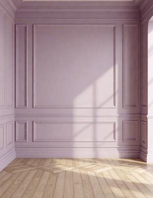 The primary subject of the image is a white wall with a pink border. The setting is a room with a wooden floor. The visual style is a photo, and the colors and mood are predominantly white and pink, creating a calm and serene atmosphere.