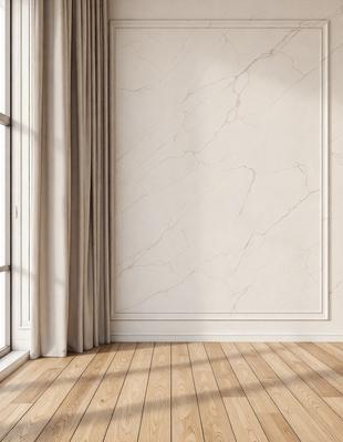 The primary subject of the image is a large, white marble wall. The setting is a room with a window, and the visual style is a photo. The colors and mood of the image are predominantly white, giving it a clean and minimalist appearance.