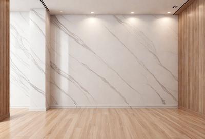 The primary subject of the image is a marble wall with a patterned design. The setting is a room with a wooden floor, and the visual style is a photo. The dominant colors are white and grey, creating a clean and elegant atmosphere.