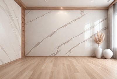 The primary subject of the image is a marble wall with a white background. The setting is a room with a wooden floor. The visual style is a photo, and the colors and mood are predominantly white and neutral.