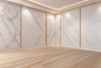 The image features a large, open room with a wooden floor. The room is adorned with marble walls, giving it a luxurious and elegant appearance. The walls are covered with marble panels, creating a visually striking and sophisticated atmosphere. The room appears to be empty, with no furniture or decorations, allowing the marble walls to be the main focus of the space.