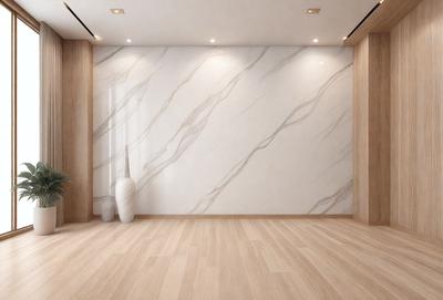 The primary subject of the image is a large white marble wall. The setting is a room with a wooden floor and a wooden door. The visual style is a photo, and the colors and mood are predominantly white, giving the room a clean and minimalist appearance.