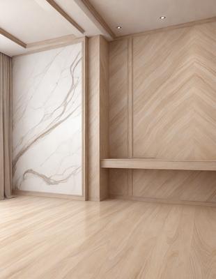 The primary subject of the image is a large, empty room with a wooden floor. The room features a marble wall and a wooden cabinet. The setting is a modern, clean environment, and the visual style is a realistic representation of the space. The colors and mood of the room are predominantly neutral, with a focus on the wooden elements and the marble wall.