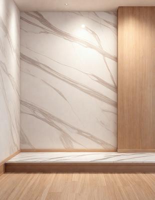 The primary subject of the image is a marble-patterned wall. The setting is a hallway with a wooden door. The visual style is a photo of a marble-patterned wall. The colors and mood of the image are predominantly white and neutral, giving it a clean and elegant appearance.