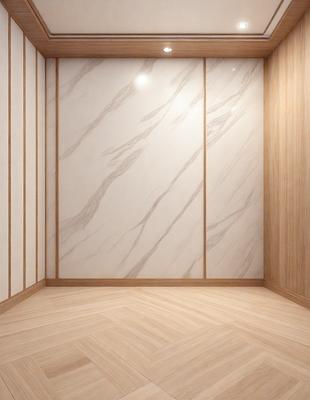 The image features a large, clean, and well-lit room with a wooden floor. The room is decorated with a marble wall, which adds a touch of elegance to the space. The room appears to be a hallway, with a doorway visible in the background. The overall atmosphere of the room is bright and inviting, making it an ideal space for various activities.