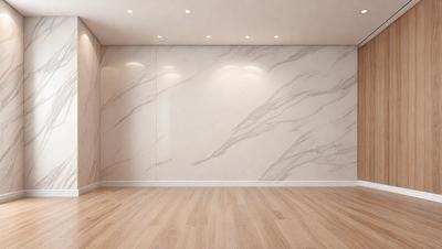 The image features a large, empty room with a white marble wall. The room is clean and well-lit, creating a bright and spacious atmosphere. The marble wall adds a touch of elegance and sophistication to the space.